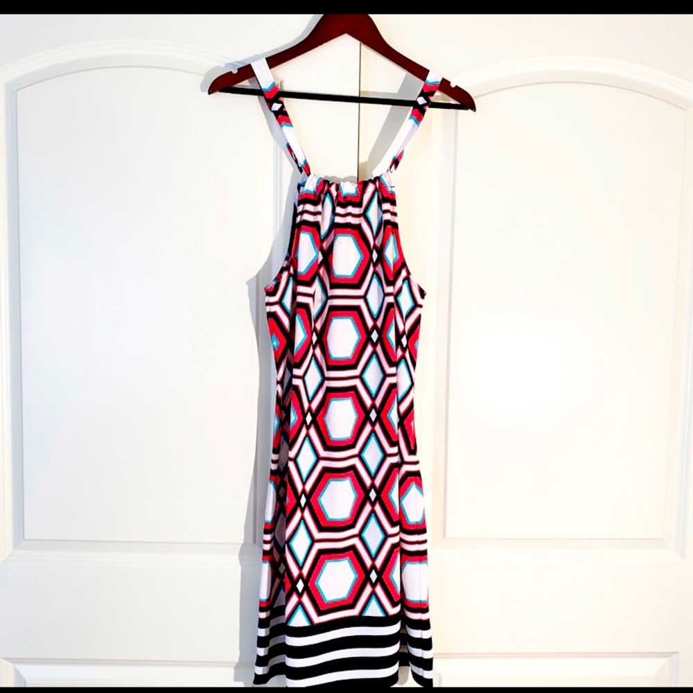 Crown & Ivy colorful geometric and striped sleeveless dress with tie back.
